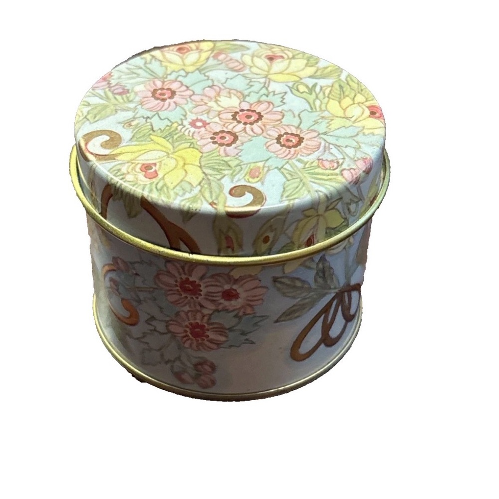Vintage Meister Brazil Round Floral Tin with Lid Pink Yellow Flowers Cottagecore